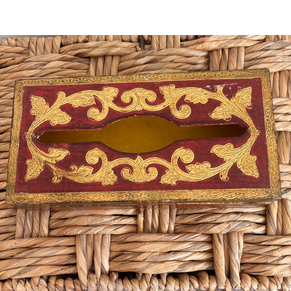Vintage Florentia Hand Made in Italy Wood Tissue Box Red Gold Gilt 1478